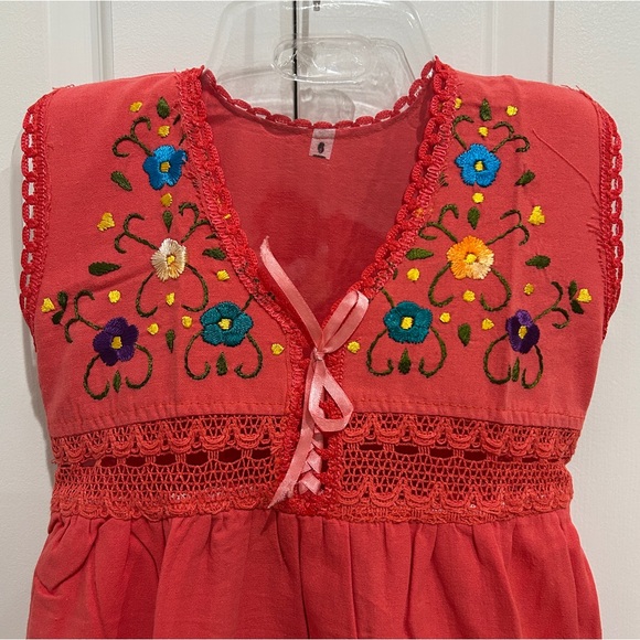 Floral Embroidered Coral Girl Dress. - Picture 3 of 5
